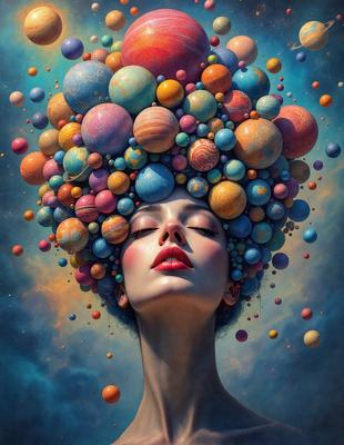 The primary subject of the image is a woman with a head full of colorful balls, which are likely planets. The setting is a space-themed background, and the visual style appears to be a digital art or illustration. The dominant colors in the image are bright and vibrant, creating a lively and cheerful atmosphere.